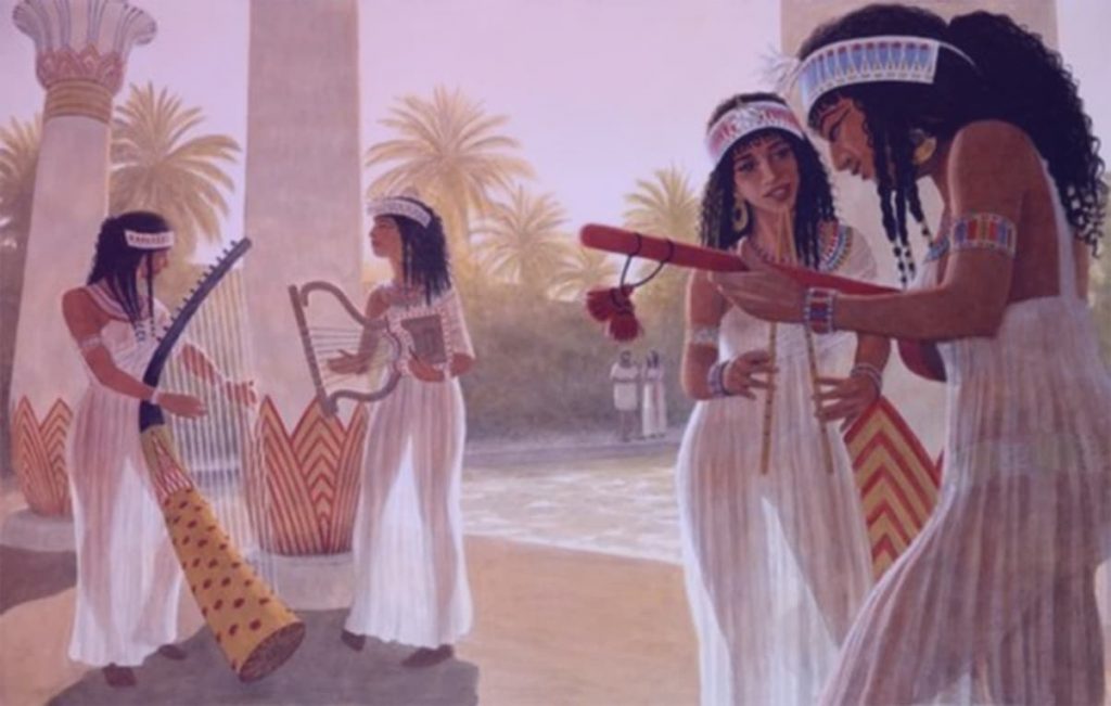 Egyptian woman play music in temple